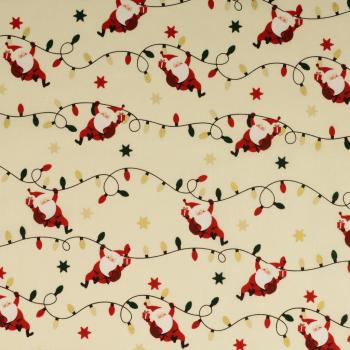 Baumwolldruck Weihnachtsmänner mit Lichterketten auf Creme